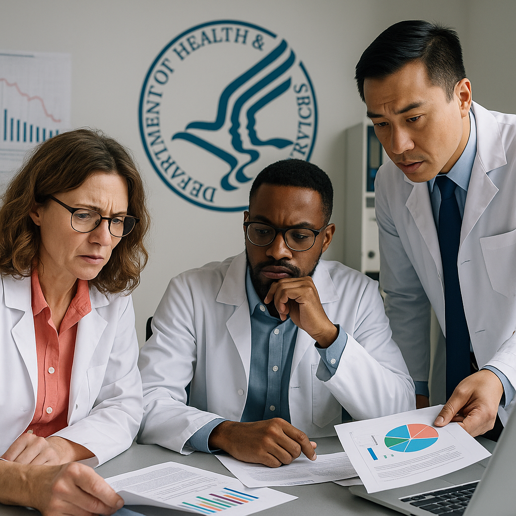 Image of three people reviewing budget cuts